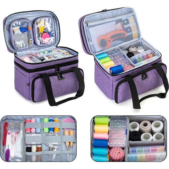 Double Layer Sewing Accessories Organizer with 2 Detachable Pouches, Purple - Picture 3 of 6